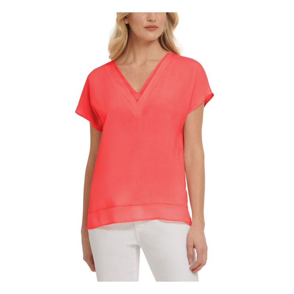 DKNY Womens Sheer Chiffon Trim Vented Hem Short Sleeve V Neck Wear To Work Top